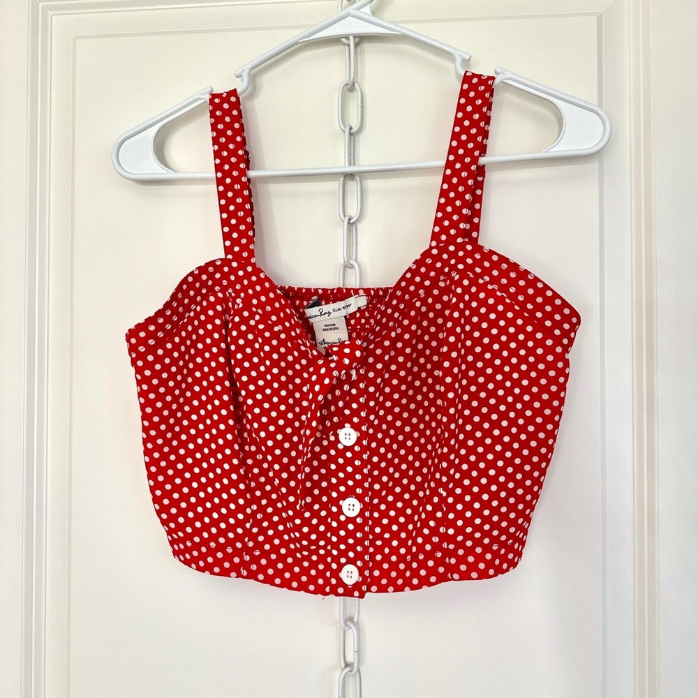 American Rag Cropped Button Red Polka Dot Women's Top